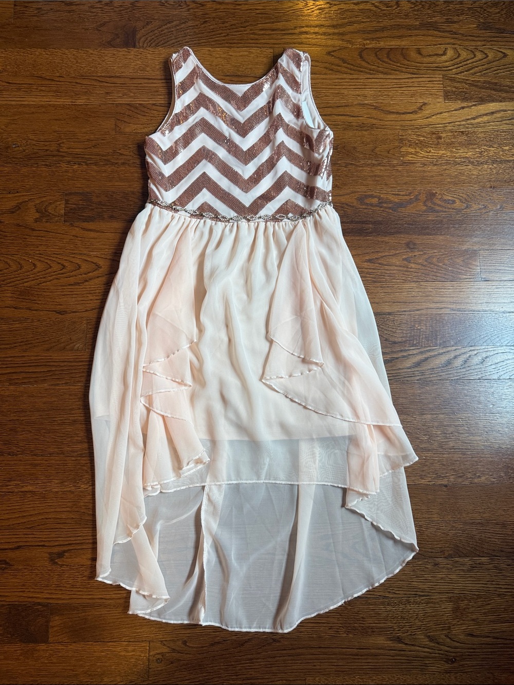 Pink Rose-Gold Sequin Chevron High-Low Dress